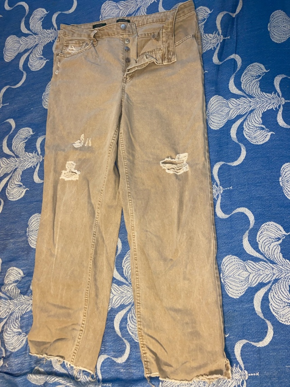 DISTRESSED TAN JEANS Straight Leg Button Fly